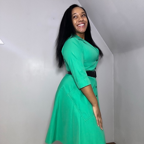 Vintage Green Button-Up Women's Dress A-line Spring Casual Midi Cutesy ILGWU - Picture 4 of 11